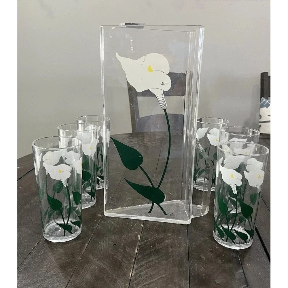 Vtg Cora‎ Acrylic Calla Lilly Pitcher 6 Cups Floral MCM